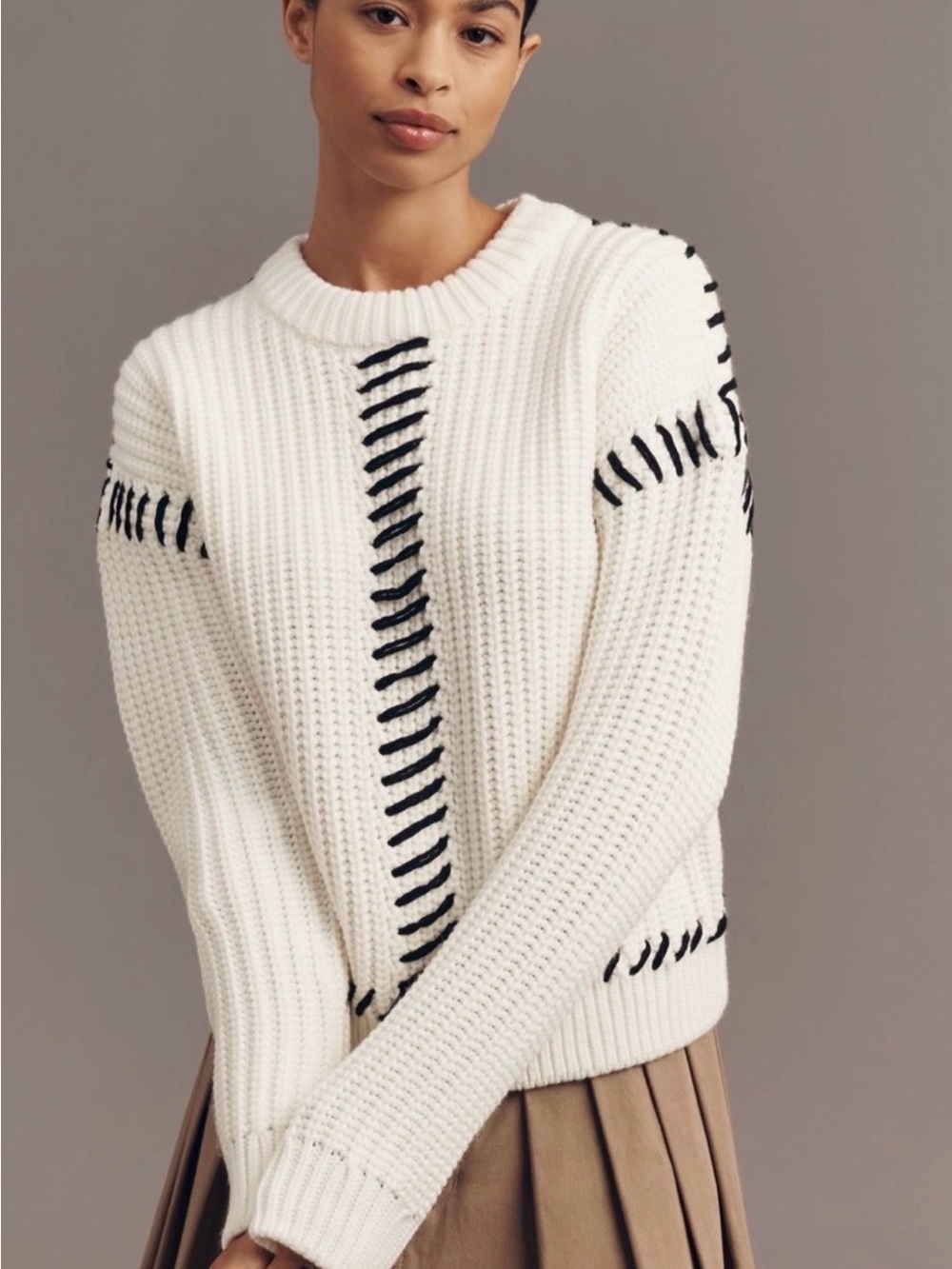 English Factory Cream Crewneck Sweater with Black Stitching
